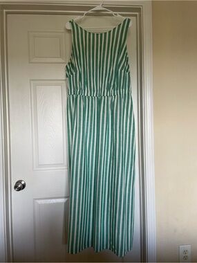 Green and White Vertical-Stripe Sleeveless Maxi Dress